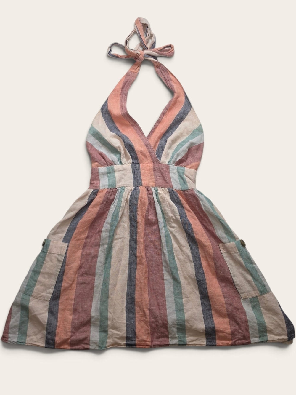 American Eagle Striped Halter Mini Dress Cotton Linen Whimsy Boho Pocket XS